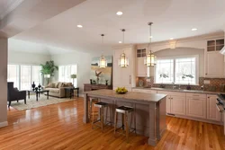 Design of a living room kitchen in a house with access to the terrace