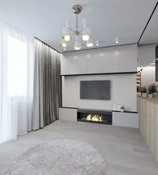 Kamin dizayni bilan yashash xonasi 20 m²