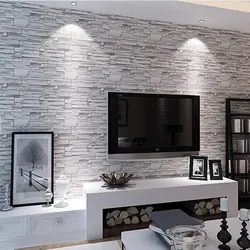 Interior with stone and wallpaper in the living room