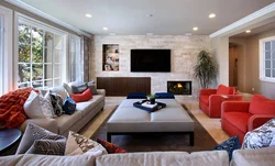 Living room with round sofa interior photo