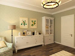 White wallpaper with furniture interior photo in the living room