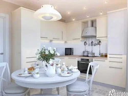 Photo of a kitchen with a round table against the wall