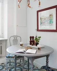 Photo of a kitchen with a round table against the wall