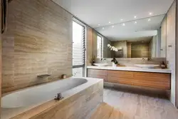 Combination of tiles and wood in the bathroom interior