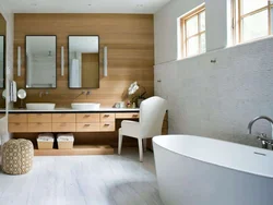 Combination of tiles and wood in the bathroom interior