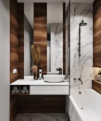 Combination of tiles and wood in the bathroom interior