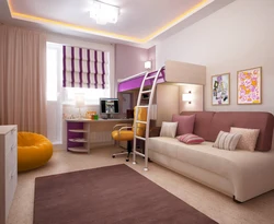 Kitchen and children's room in one room photo