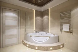 Bath design with corner bathtub and shower