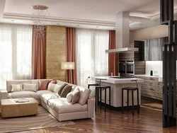 Interiors Of A Living Room With A Kitchen By The Window