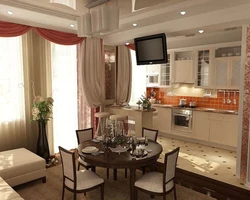 Interiors Of A Living Room With A Kitchen By The Window