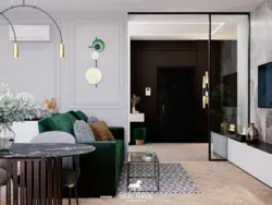 Emerald color in the interior of the kitchen living room