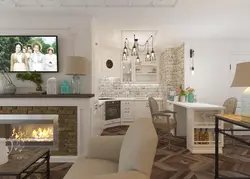 Kitchen living room 30 sq m with fireplace design
