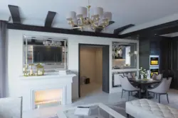 Kitchen living room 30 sq m with fireplace design