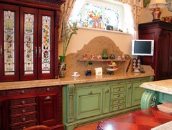 Photo of a kitchen with colored glass