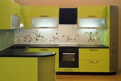 Photo of a kitchen with colored glass