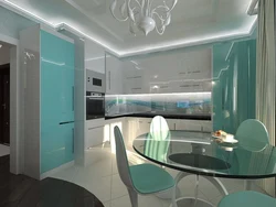 Firuzəyi Tonlarda Qonaq Otağı Mətbəxi Foto