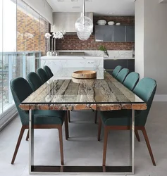 Wooden table in the kitchen interior