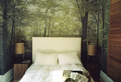 Photo wallpaper with forest in the bedroom interior