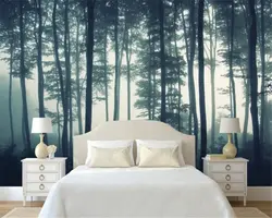 Photo wallpaper with forest in the bedroom interior