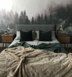 Photo wallpaper with forest in the bedroom interior