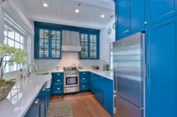 Interior of a small blue kitchen