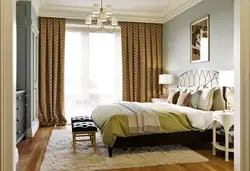 Curtains on the wall in the bedroom interior photo