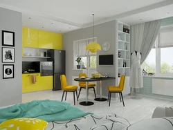 Dizayn mətbəx qonaq otağı sarı