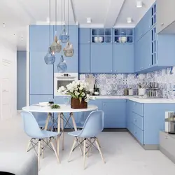 Beige blue kitchen interior