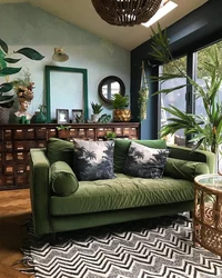 Zaytun divan fotosurati bilan yashash xonasining ichki qismi