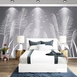 Wallpaper feathers in the bedroom interior