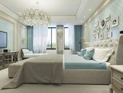 Bedroom in beige and blue tones photo