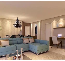 Beige living room interior with blue sofa