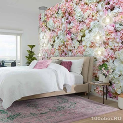 Wallpaper with peonies in the bedroom interior