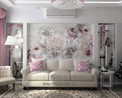 Wallpaper with peonies in the bedroom interior