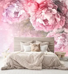 Wallpaper with peonies in the bedroom interior