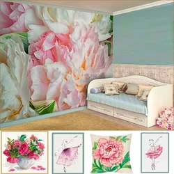 Wallpaper with peonies in the bedroom interior
