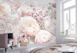 Wallpaper with peonies in the bedroom interior