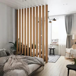 Decor with slats in the bedroom interior