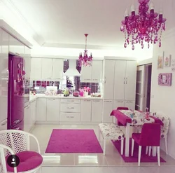 Kitchen design with pink wallpaper