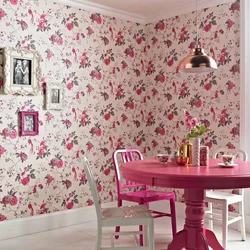 Kitchen design with pink wallpaper