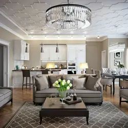 Modern living room with kitchen house interior with photo