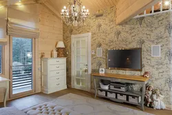 Interior Of A Living Room In A Country House Made Of Clapboard