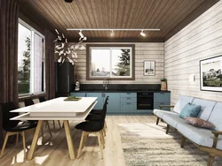 Interior of a living room kitchen in a frame house