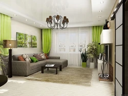 Living room interior in beige-green tones