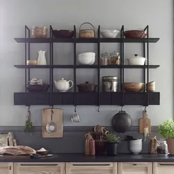 Shelving in the kitchen in the interior