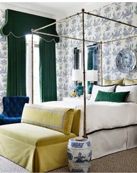 Emerald curtains in the bedroom interior