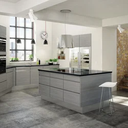 Gray porcelain tiles in the kitchen interior