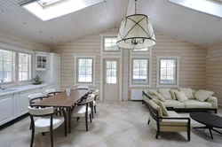 Imitation timber in the interior of the kitchen living room