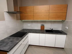 Kitchen white bottom top wood effect photo