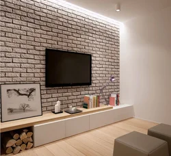 Living room interior with brick white wall